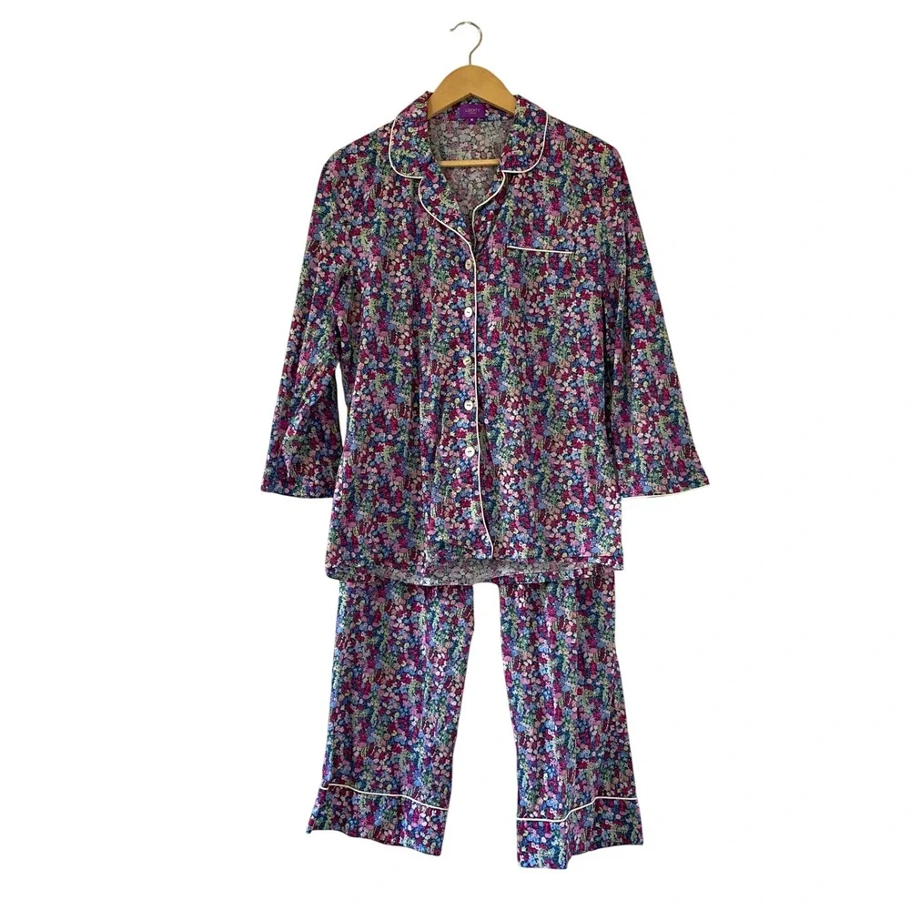 Liberty London Womens Floral Cotton Pajama Set Multicolor Button Front Size M